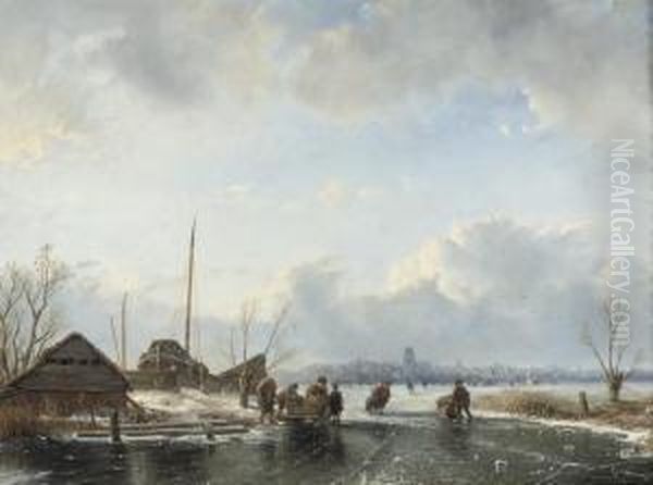 Skating On The Ice Near Dordrecht Oil Painting by Everardus Benedictus Gregorius Mirani