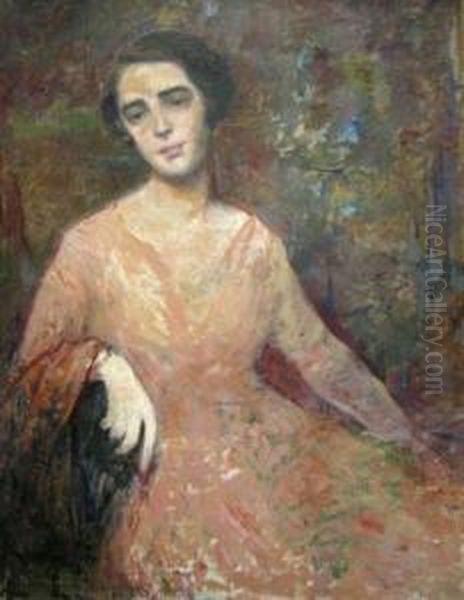 Doamna Cu Rochie Roz Oil Painting by G.D. Mirea