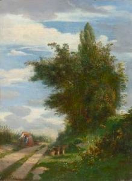 Sommerlicher Feldwegmit Erntender Bauerin Oil Painting by Adolphe Mirecourt