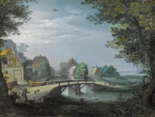 Broad Landscape With Bridge Before A Village Oil Painting by Anton Mirou