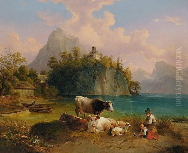 Hirtenpaar Mit Kuhen Am Ufer Des Traunsee Oil Painting by Franz Mirwald