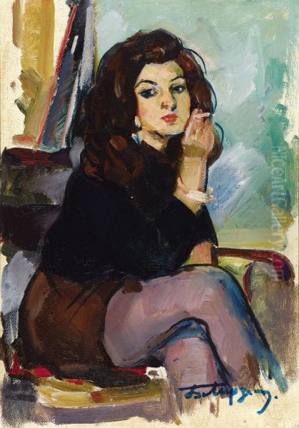 Woman With Cigarette Oil Painting by Boyuk Aga Mirzazade