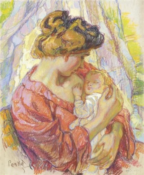 Mere Et Son Enfant Oil Painting by Jean Misceslas Peske