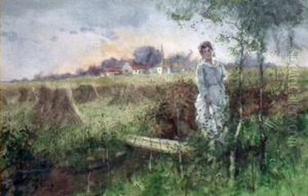 River Landscape With Woman To Foreground Standing By A Small Bridge Oil Painting by Hutton Mitchell