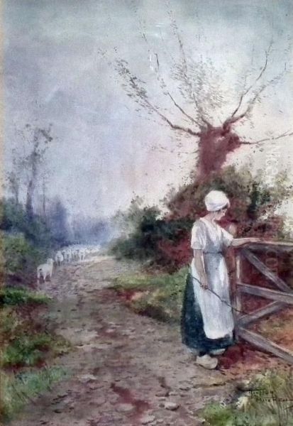 Dutch Country Landscape With Shepherdess By A Gate And Her Flock To Background Oil Painting by Hutton Mitchell