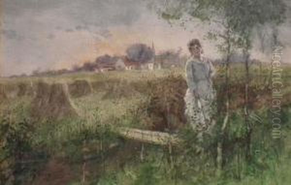 River Landscape With Woman To Foregroundstanding By A Small Bridge Oil Painting by Hutton Mitchell