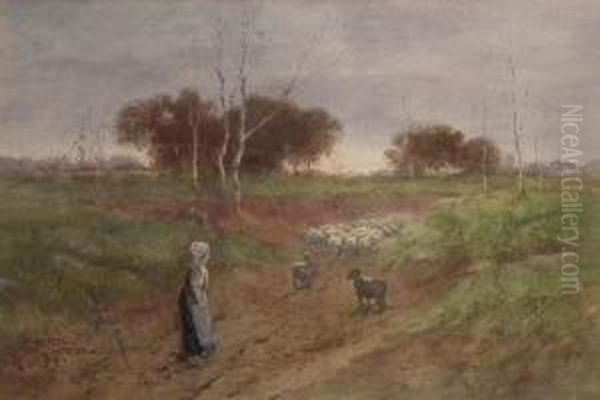 Country Landscape With Shepherdess Andher Flock Oil Painting by Hutton Mitchell