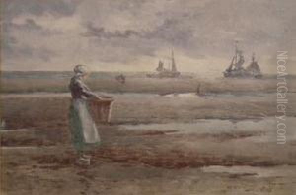 Dutch Beach Scene With Girl Toforeground And Boats To Background Oil Painting by Hutton Mitchell