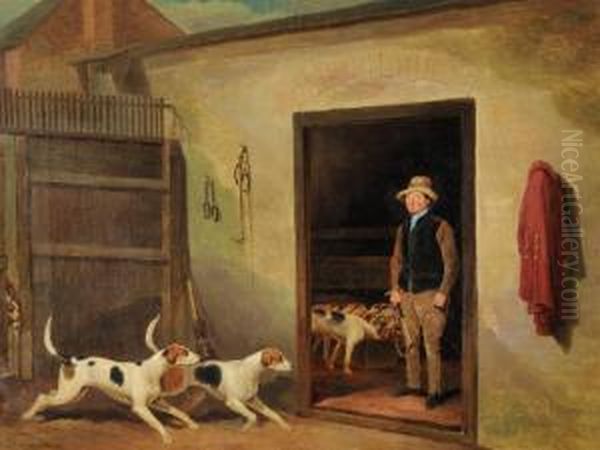 A Kennelman With His Hounds Oil Painting by J.A. Mitchell