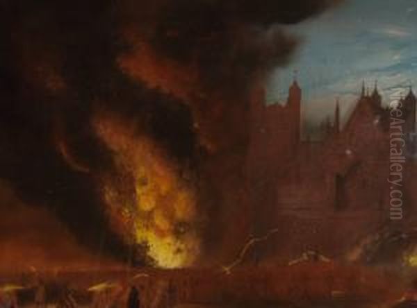 Bonfire Night At Exeter Cathedral Oil Painting by J.A. Mitchell