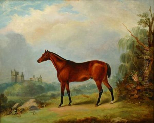 Bay Racehorse In A Landscape Oil Painting by J.A. Mitchell