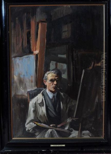 A Portrait Of The Artist Working In His Studio Oil Painting by James Edgar Mitchell