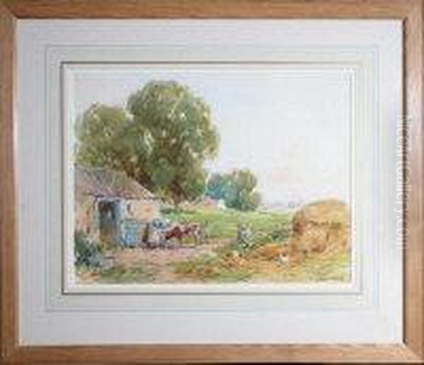 A Farmyard With A Farm Girl Feeding A Calf Oil Painting by James Edgar Mitchell