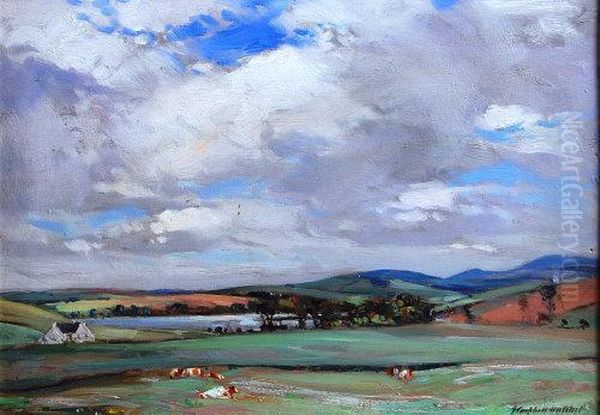 Cattle Grazing In A Scottish Landscape Oil Painting by John Campbell Mitchell