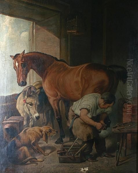 Shoeing The Bay Mare Oil Painting by William Mitchell Of Maryport