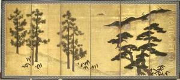 Pine Trees And Chinese Black Pines Oil Painting by Tosa Mitsunobu Sr