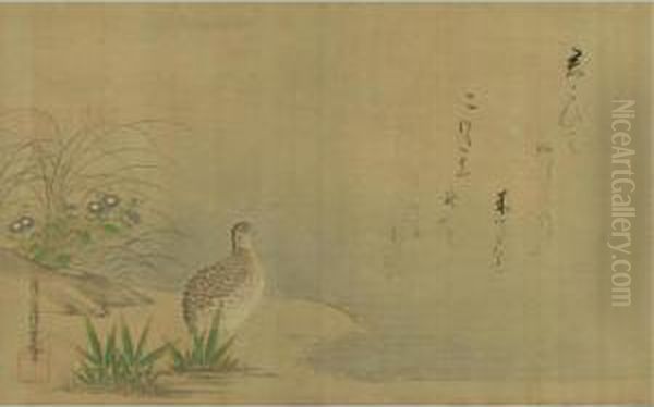 Quail And A Poem Oil Painting by Tosa Mitsuoki