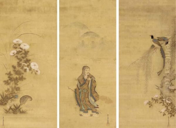 The Chinese Poet Tao Yuan-ming (to No Enmei); Long-tailed Birds Onwillow; Quails And Chrysanthemums Oil Painting by Tosa Mitsuoki