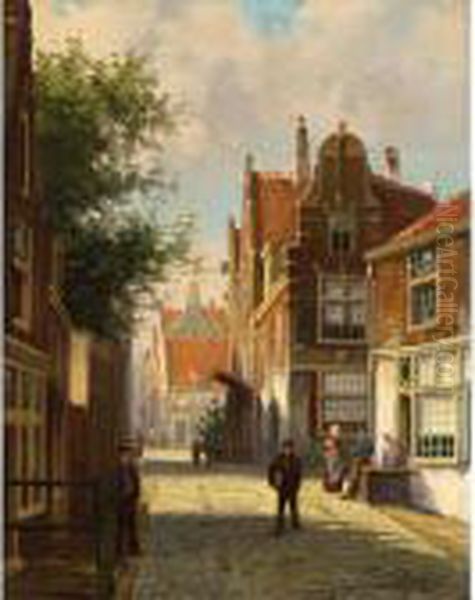 A Streetscene In A Dutch Town In Summer Oil Painting by Johannes Jacobus Mittertreiner