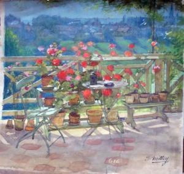 La Terrasse Fleurie De Geraniums Oil Painting by Joseph Mittey