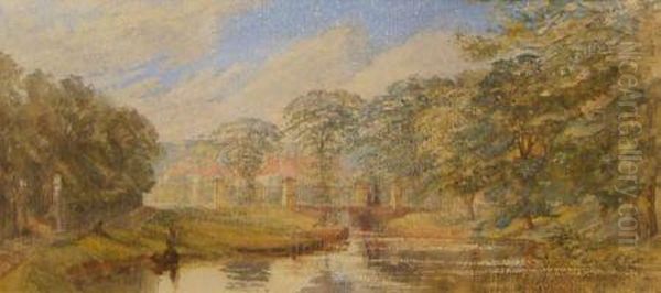 River Landscape With Figureson A Bridge Oil Painting by A Moberly