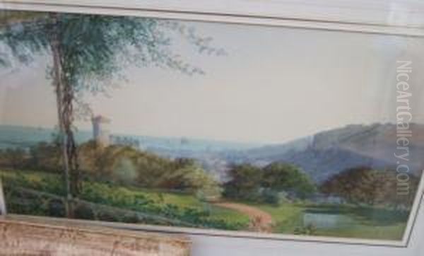 View Across A Park Near A Coastal Town Oil Painting by A Moberly