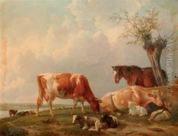 Spring: Cattle Resting By A River Oil Painting by Jhr Johannes Mock