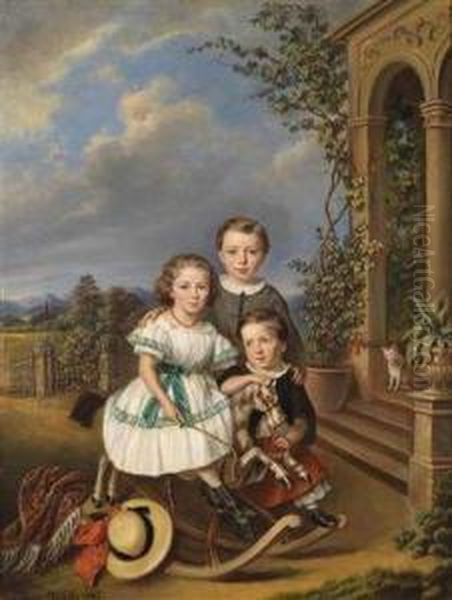 Portrait Ofthree Children By A Garden Pavilion Oil Painting by Elisabeth Modell