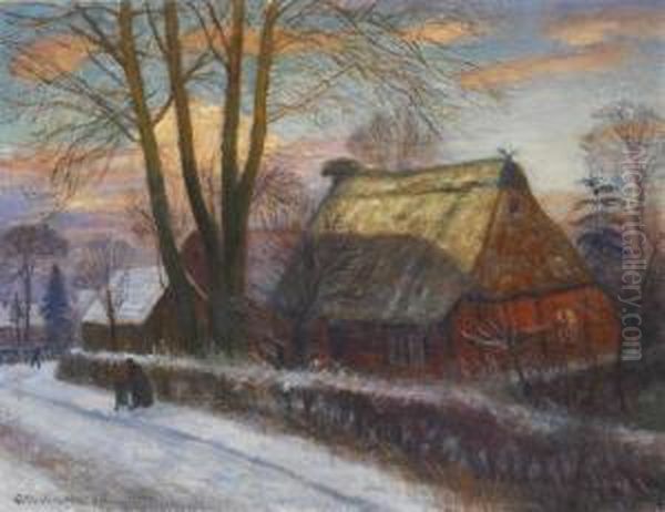 Dorfstrase Im Winter Mit Bauernhaus Oil Painting by Otto Modersohn