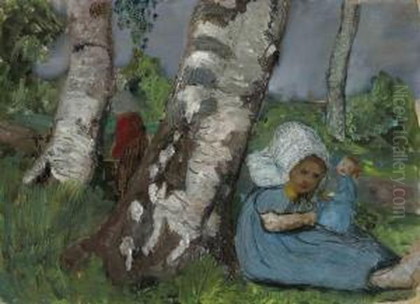 Kind Mit Puppe Am Birkenstamm Sitzend Oil Painting by Paula Modersohn-Becker