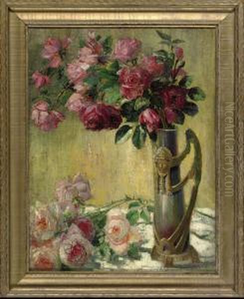 Still Life With Roses In An Ornate Vase Oil Painting by Theodore P. Modra