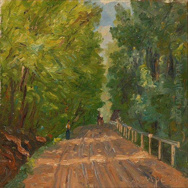 Forest Road With A Lady And A Carriage Oil Painting by Andreas Moe