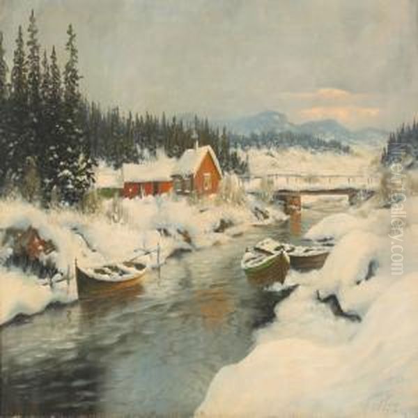 Norwegian Wintry Landscape With Rowing Boats And Houses At Ariver Oil Painting by Carl Moe