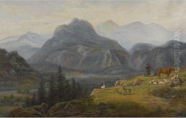 View From Giesbach At The Lake Of Brinzer With Interlaken And Thejura Mountains Oil Painting by Jens Peter Moeller