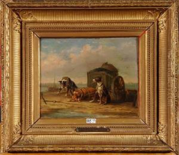 Chiens Tirant La Charette De Moules Sur La Plage Oil Painting by Edward Moerenhout