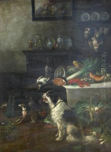 Honden In Een Interieur - Chiens Dans Un Interieur Oil Painting by Edward Moerenhout