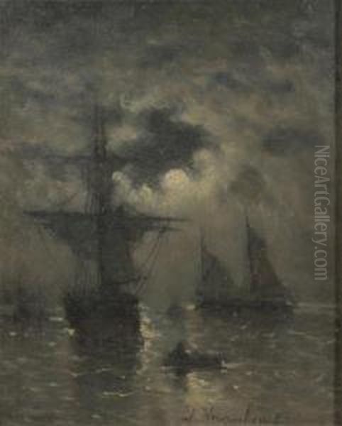 Twomaster And Sloop At Moonlight Oil Painting by Edward Moerenhout