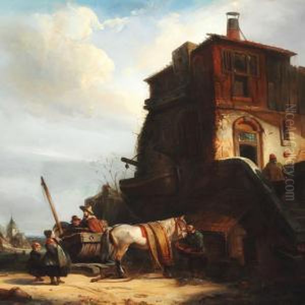 Travellers Taking A Rest In Front Of A House On The Outskirts Of A Town Oil Painting by Joseph Jodocus Moerenhout