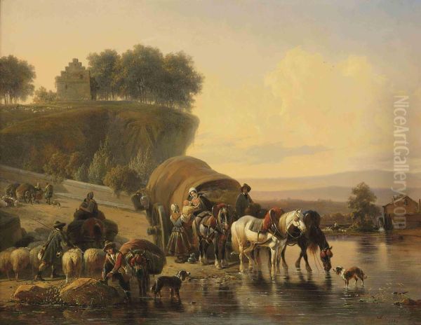 Watering The Horses Oil Painting by Joseph Jodocus Moerenhout