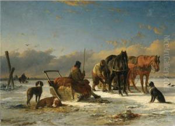 Preparing For The Horse Drawn Sleigh Ride Oil Painting by Joseph Jodocus Moerenhout