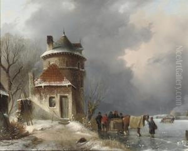 A Winter Landscape With A Horse-drawn Sleigh Oil Painting by Joseph Jodocus Moerenhout