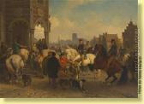 L'arrivee Des Cavaliers Au Marche Oil Painting by Joseph Jodocus Moerenhout