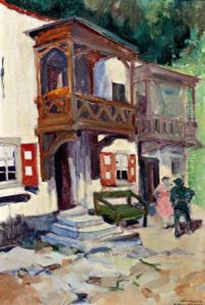 Figuren Bij Chalet In In Garmisch Partenkichen Oil Painting by Herman Moerkerk