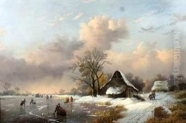 Canal Glace Et Patineurs Oil Painting by Albert Edouard Moerman