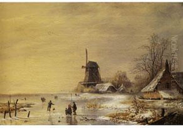 Niederlandische Winterlandschaft Mit Vereistem Poldersee,windmuhle Und Verschneiten Hausern Oil Painting by Albert Edouard Moerman