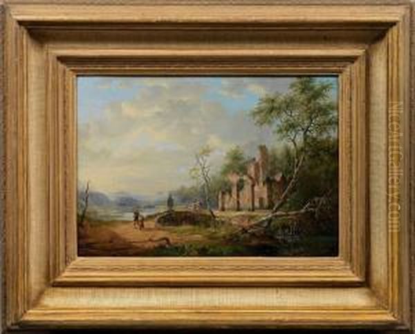 Weite Flusslandschaftmit Ruine Oil Painting by Albert Edouard Moerman