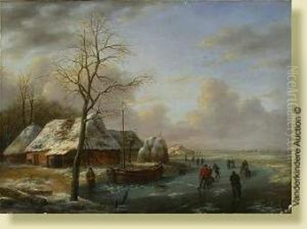 Paysage Hivernal Aux Patineurs Oil Painting by Albert Edouard Moerman