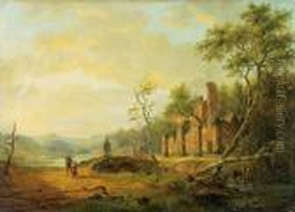 Ampio Paesaggio Con Rovine E Veduta Di Una Citta Sullo Sfondo Oil Painting by Albert Edouard Moerman