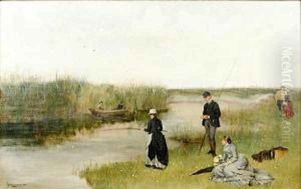 Elegant Figures Fishing From A River Bank Oil Painting by Johannes Lodewijk Moerman