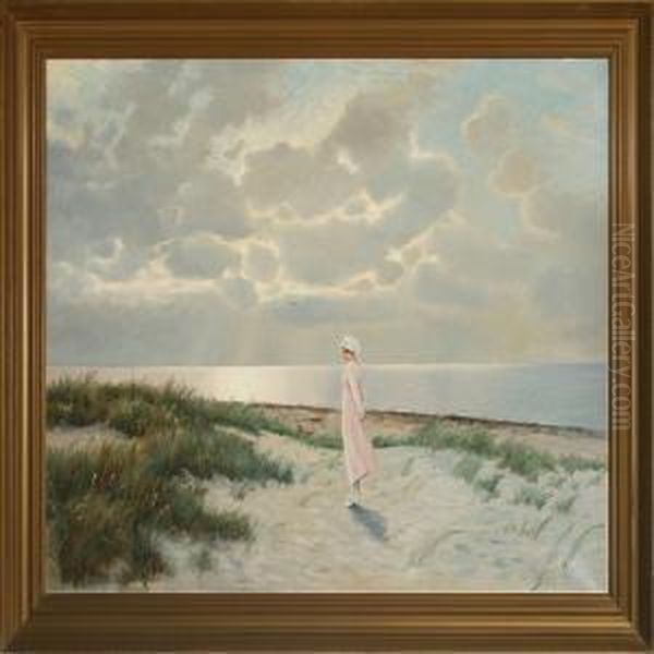 A Young Woman At The Beach Oil Painting by Ludvig Mogelgaard